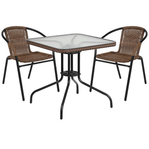 English Elm Commercial Grade 28'' Square Glass Metal Table with Rattan Edging and 2 Rattan Stack Chairs