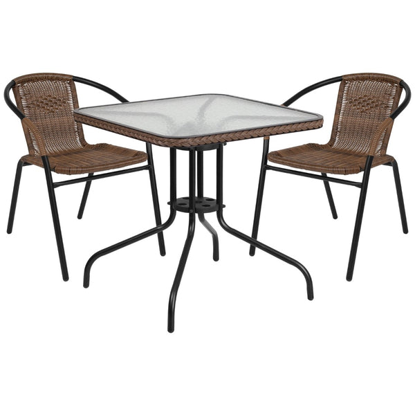 English Elm Commercial Grade 28'' Square Glass Metal Table with Rattan Edging and 2 Rattan Stack Chairs