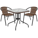 English Elm Commercial Grade 28'' Square Glass Metal Table with Rattan Edging and 2 Rattan Stack Chairs