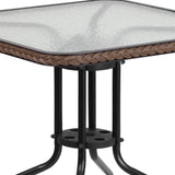 English Elm Commercial Grade 28'' Square Glass Metal Table with Rattan Edging and 2 Rattan Stack Chairs