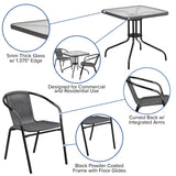 English Elm Commercial Grade 28'' Square Glass Metal Table with Rattan Edging and 2 Rattan Stack Chairs