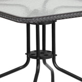 English Elm Commercial Grade 28'' Square Glass Metal Table with Rattan Edging and 2 Rattan Stack Chairs