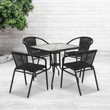 English Elm Commercial Grade 28'' Square Glass Metal Table with Rattan Edging and 4 Rattan Stack Chairs