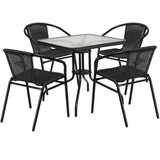 English Elm Commercial Grade 28'' Square Glass Metal Table with Rattan Edging and 4 Rattan Stack Chairs