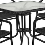 English Elm Commercial Grade 28'' Square Glass Metal Table with Rattan Edging and 4 Rattan Stack Chairs