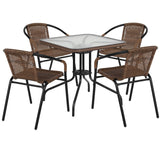 English Elm Commercial Grade 28'' Square Glass Metal Table with Rattan Edging and 4 Rattan Stack Chairs