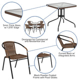 English Elm Commercial Grade 28'' Square Glass Metal Table with Rattan Edging and 4 Rattan Stack Chairs