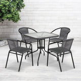 English Elm Commercial Grade 28'' Square Glass Metal Table with Rattan Edging and 4 Rattan Stack Chairs