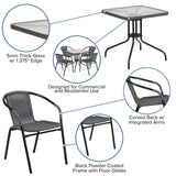 English Elm Commercial Grade 28'' Square Glass Metal Table with Rattan Edging and 4 Rattan Stack Chairs