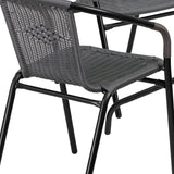 English Elm Commercial Grade 28'' Square Glass Metal Table with Rattan Edging and 4 Rattan Stack Chairs