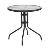 English Elm Commercial Grade 28'' Round Tempered Glass Metal Table with Rattan Edging