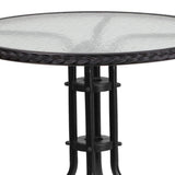 English Elm Commercial Grade 28'' Round Tempered Glass Metal Table with Rattan Edging