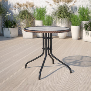 English Elm Commercial Grade 28'' Round Tempered Glass Metal Table with Dark Rattan Edging