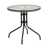 English Elm Commercial Grade 28'' Round Tempered Glass Metal Table with Dark Rattan Edging