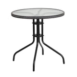 English Elm Commercial Grade 28'' Round Tempered Glass Metal Table with Rattan Edging