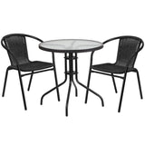 English Elm Commercial Grade 28'' Round Glass Metal Table with Rattan Edging and 2 Rattan Stack Chairs