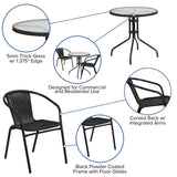 English Elm Commercial Grade 28'' Round Glass Metal Table with Rattan Edging and 2 Rattan Stack Chairs