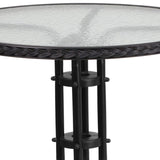 English Elm Commercial Grade 28'' Round Glass Metal Table with Rattan Edging and 2 Rattan Stack Chairs