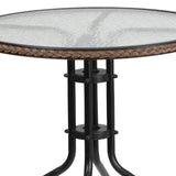 English Elm Commercial Grade 28'' Round Glass Metal Table with Rattan Edging and 2 Rattan Stack Chairs