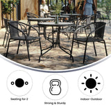 English Elm Commercial Grade 28'' Round Glass Metal Table with Rattan Edging and 2 Rattan Stack Chairs