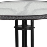 English Elm Commercial Grade 28'' Round Glass Metal Table with Rattan Edging and 2 Rattan Stack Chairs