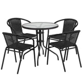 English Elm Commercial Grade 28'' Round Glass Metal Table with Rattan Edging and 4 Rattan Stack Chairs