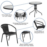 English Elm Commercial Grade 28'' Round Glass Metal Table with Rattan Edging and 4 Rattan Stack Chairs