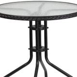 English Elm Commercial Grade 28'' Round Glass Metal Table with Rattan Edging and 4 Rattan Stack Chairs