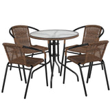 English Elm Commercial Grade 28'' Round Glass Metal Table with Rattan Edging and 4 Rattan Stack Chairs