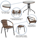 English Elm Commercial Grade 28'' Round Glass Metal Table with Rattan Edging and 4 Rattan Stack Chairs