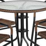 English Elm Commercial Grade 28'' Round Glass Metal Table with Rattan Edging and 4 Rattan Stack Chairs