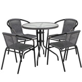 English Elm Commercial Grade 28'' Round Glass Metal Table with Rattan Edging and 4 Rattan Stack Chairs