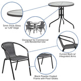 English Elm Commercial Grade 28'' Round Glass Metal Table with Rattan Edging and 4 Rattan Stack Chairs