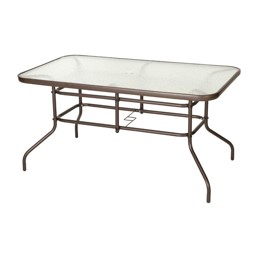 English Elm Commercial Grade 31.5" x 55" Bronze Rectangular Tempered Glass Metal Table with Umbrella Hole