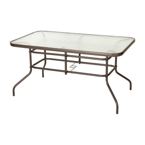 English Elm Commercial Grade 31.5" x 55" Bronze Rectangular Tempered Glass Metal Table with Umbrella Hole