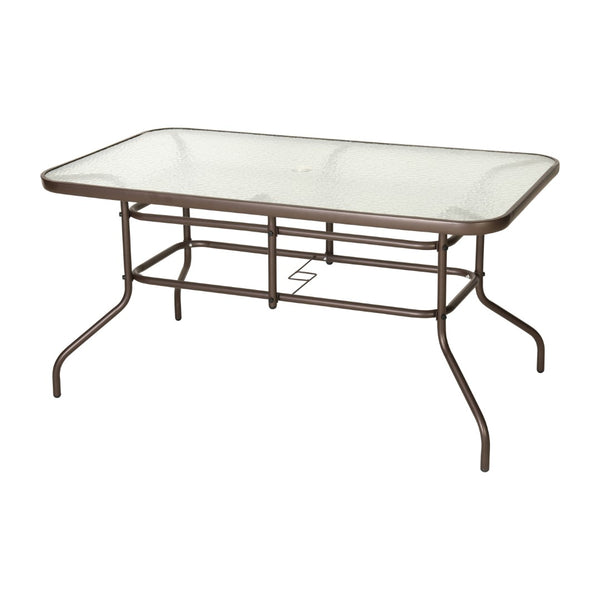 English Elm Commercial Grade 31.5" x 55" Bronze Rectangular Tempered Glass Metal Table with Umbrella Hole