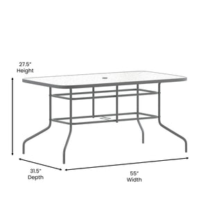 English Elm Commercial Grade 31.5" x 55" Silver Rectangular Tempered Glass Metal Table with Umbrella Hole