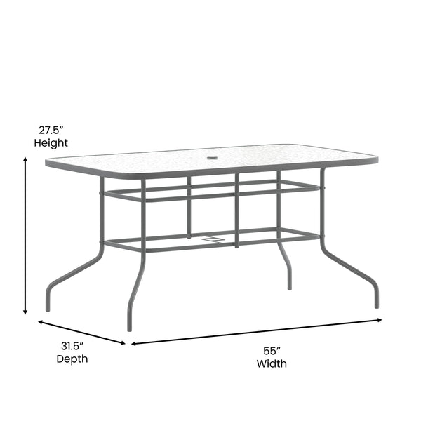 English Elm Commercial Grade 31.5" x 55" Silver Rectangular Tempered Glass Metal Table with Umbrella Hole