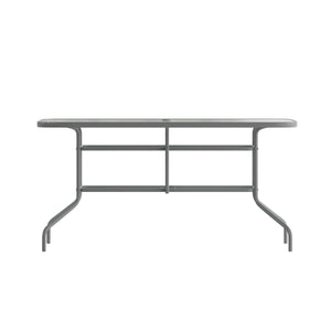 English Elm Commercial Grade 31.5" x 55" Silver Rectangular Tempered Glass Metal Table with Umbrella Hole