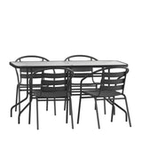 English Elm Commercial Grade 5 Piece Patio Dining Set - 55" Tempered Glass Patio Table with Umbrella Hole - 4 Metal Aluminum Slat Stack Chairs