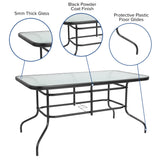 English Elm Commercial Grade 5 Piece Patio Dining Set - 55" Tempered Glass Patio Table with Umbrella Hole - 4 Metal Aluminum Slat Stack Chairs