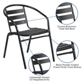 English Elm Commercial Grade 5 Piece Patio Dining Set - 55" Tempered Glass Patio Table with Umbrella Hole - 4 Metal Aluminum Slat Stack Chairs