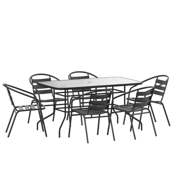 English Elm Commercial Grade 7 Piece Patio Dining Set - 55" Tempered Glass Patio Table with Umbrella Hole, 6 Metal Aluminum Slat Stack Chairs