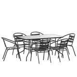 English Elm Commercial Grade 7 Piece Patio Dining Set - 55" Tempered Glass Patio Table with Umbrella Hole, 6 Metal Aluminum Slat Stack Chairs