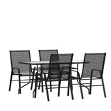 English Elm Commercial Grade 5 Piece Outdoor Patio Dining Set - 55" Tempered Glass Patio Table with Umbrella Hole, 4 Flex Comfort Stack Chairs