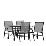 English Elm Commercial Grade 5 Piece Outdoor Patio Dining Set - 55" Tempered Glass Patio Table with Umbrella Hole, 4 Flex Comfort Stack Chairs