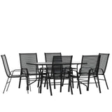 English Elm Commercial Grade 7 Piece Outdoor Patio Dining Set - 55" Tempered Glass Patio Table with Umbrella Hole, 6 Flex Comfort Stack Chairs