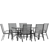 English Elm Commercial Grade 7 Piece Outdoor Patio Dining Set - 55" Tempered Glass Patio Table with Umbrella Hole, 6 Flex Comfort Stack Chairs