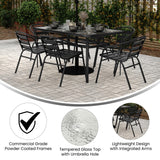 English Elm Commercial Grade 7 Piece Commercial Outdoor Patio Dining Set with 60" Tempered Glass Patio Table with Umbrella Hole and 6 Triple Slat Chairs