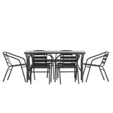 English Elm Commercial Grade 7 Piece Commercial Outdoor Patio Dining Set with 60" Tempered Glass Patio Table with Umbrella Hole and 6 Triple Slat Chairs